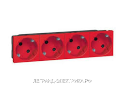 Legrand Mosaic Красная розетка с/з 4-ая 8М для кабель-каналов (New)
