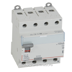 Legrand ВДТ DX3 4П 100А A 100мА N справа