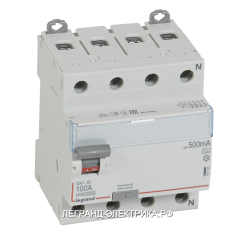 Legrand ВДТ DX3 4П 100А A 500мА N справа