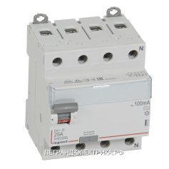 Legrand ВДТ DX3 4П 25А AC 100мА N справа